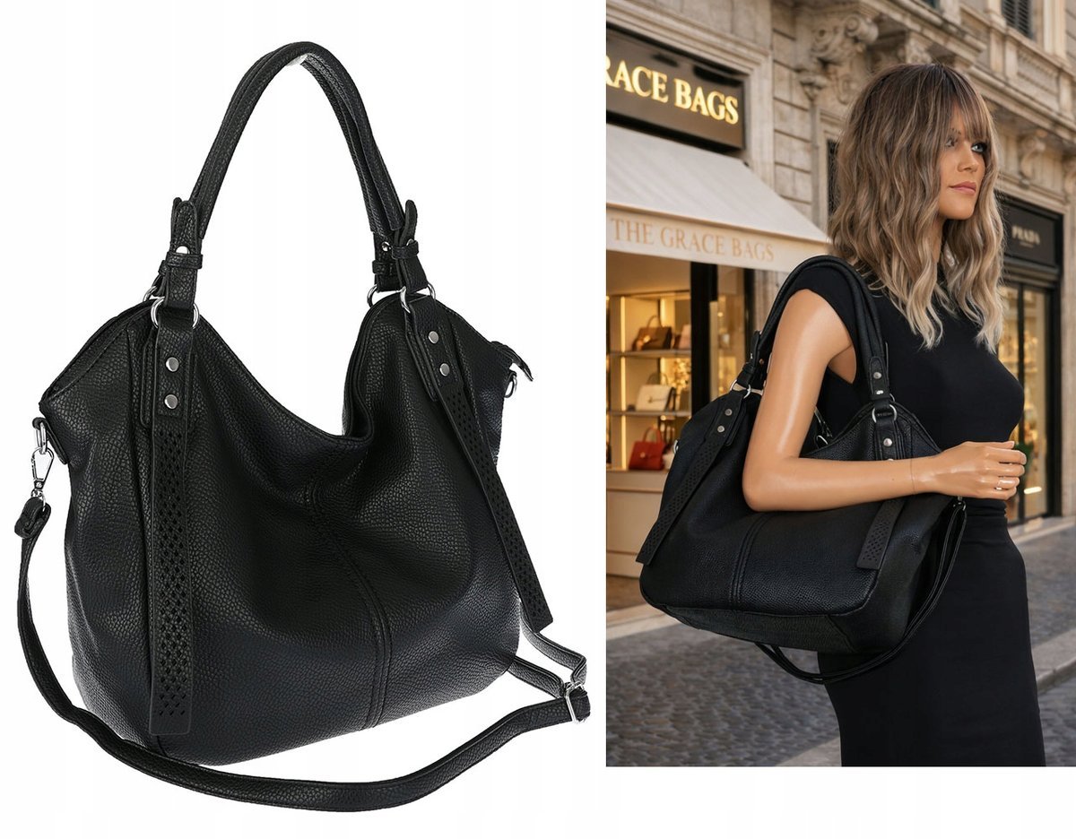 Torebka damska shopper worek listonoszka pojemna na ramię LH6004 Czarna