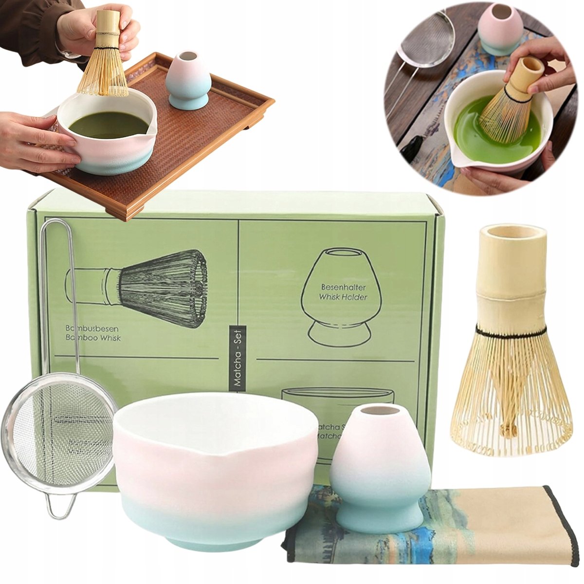 Zestaw do robienia Matchy, Japońska Herbata Matcha 8W1 Różowy Ceramiczny