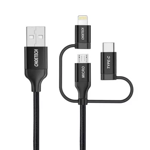 Choetech 3w1 kabel USB MFI Lightning / USB Typ C / micro USB (ładowanie 3A / przesyłanie danych 480 Mbps) 1,2 m czarny (IP0030-BK) - Kable USB - miniaturka - grafika 2