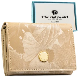 Portfel damski skórzany PETERSON ochrona RFID STOP mały beżowy modny kwiatowy wzór na zatrzask - Portfele - miniaturka - grafika 1