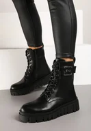 Botki damskie - Czarne Botki Workery na Grubej Podeszwie ze Sznurowaniem i Metaliczną Aplikacją Venvessa - miniaturka - grafika 1