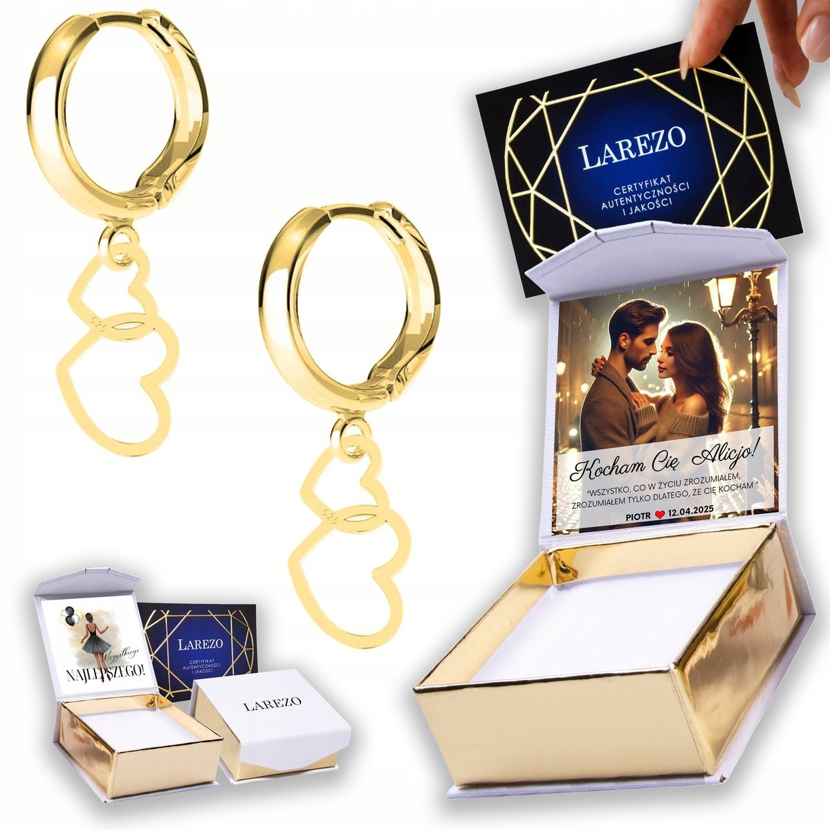 Złote Kolczyki 925 Dwa Serca Serduszka Love Hearts Blaszki NADRUK