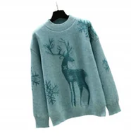 Swetry damskie - SWETER ŚWIĄTECZNY CIEPŁY UROCZY RENIFER NIEBIESKI - miniaturka - grafika 1