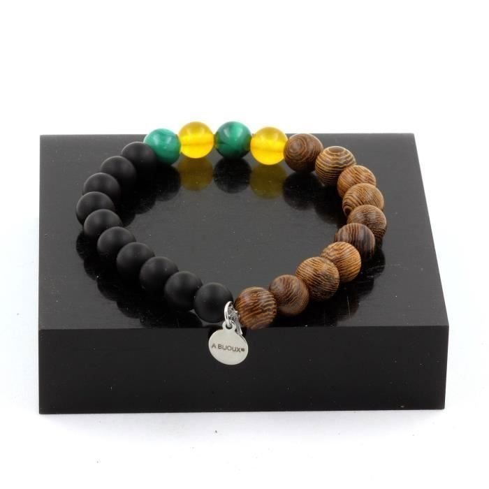 Kamienie i minerały. Bransoletka z koralików malachitu Kongo + żółty agat + matowy czarny onyks + wyprodukowano we Francji.