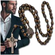 Naszyjniki męskie - Męski naszyjnik różaniec krzyżyk brązowy drewniany wisiorek elegancki - miniaturka - grafika 1
