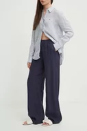 Spodnie damskie - Seidensticker spodnie lniane kolor granatowy szerokie high waist 60.136273 - miniaturka - grafika 1