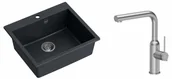 Zlewozmywaki z baterią - Quadron Zlewozmywak granitowy jednokomorowy 57*50*22 cm MORGAN 110 BLACK DIAMOND ze stalowym odpływem z baterią ANGELINA Q LINE z wyciąganą wylewką kolor stal szczotkowana - miniaturka - grafika 1