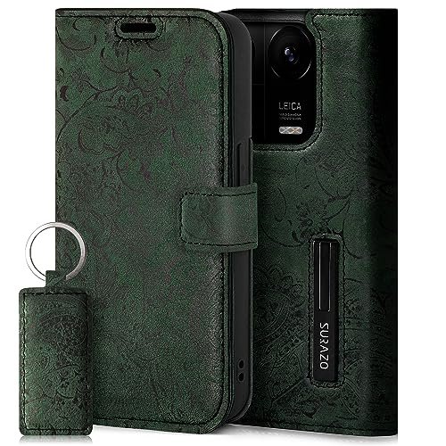 SURAZO Etui na telefon komórkowy klasy premium do Redmi Note 13 5G – składane etui ochronne z prawdziwej skóry [magnes, kieszeń na karty, ochrona RFID, kwiatowy wzór] etui z klapką, skórzane etui
