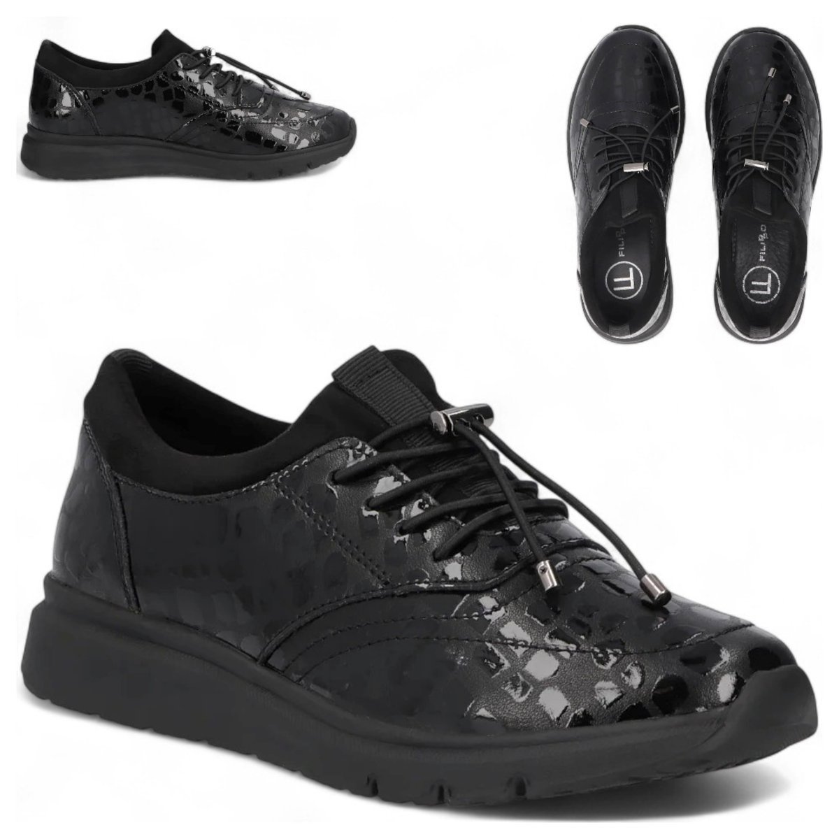 SKÓRZANE Sneakersy Damskie FILIPPO Platforma Czarne Eleganckie Lakier 37