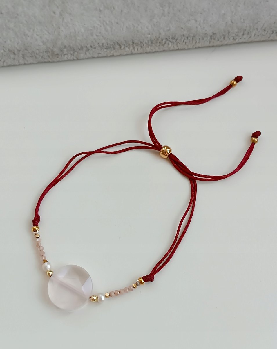 LUKSUSOWA CZERWONA RÓŻOWA BRANSOLETKA REGULOWANA KWARC RÓŻOWY STOPER STAL