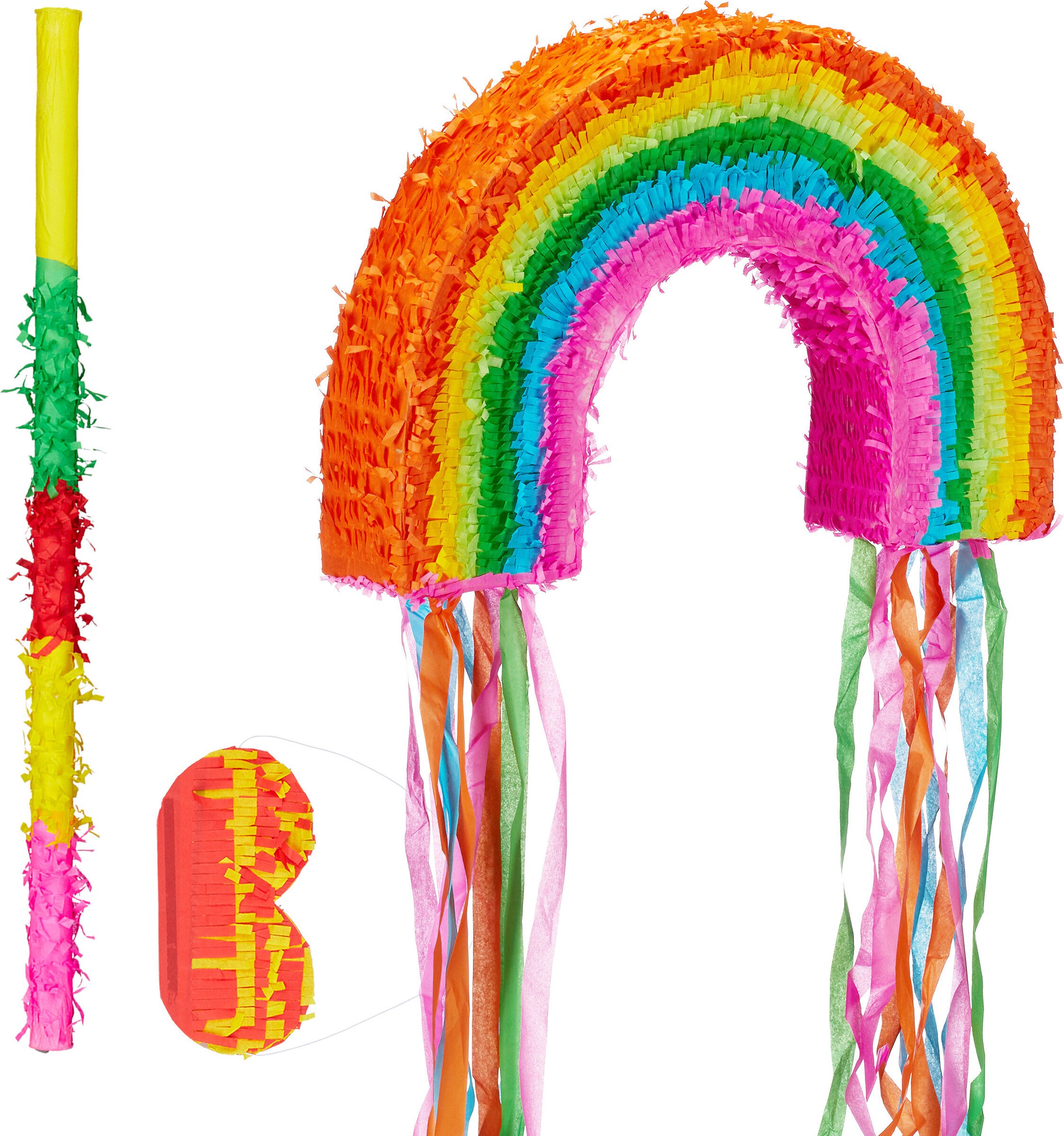 3-częściowy zestaw do piñaty „Tęcza”, pałka do piñaty z opaską na oczy, dla dzieci, pałka i opaska na oczy, do samodzielnego napełnienia, piñata, kolorowa
