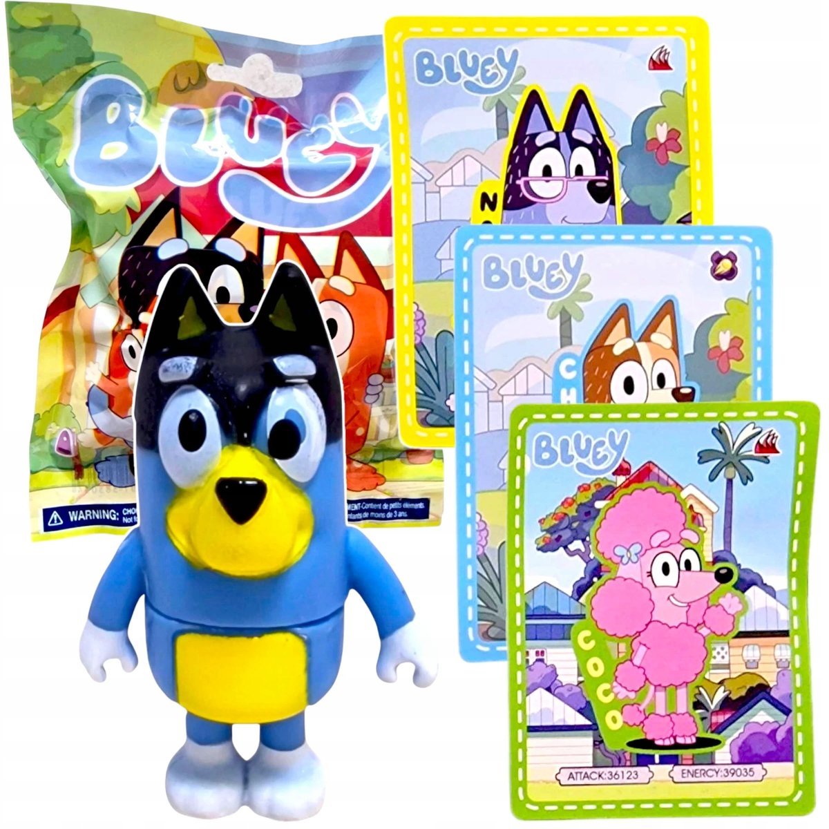 BLUEY BINGO SASZETKA FIGURKA NIESPODZIANKA + 3 KARTY KOLEKCJONERSKIE DO GRY