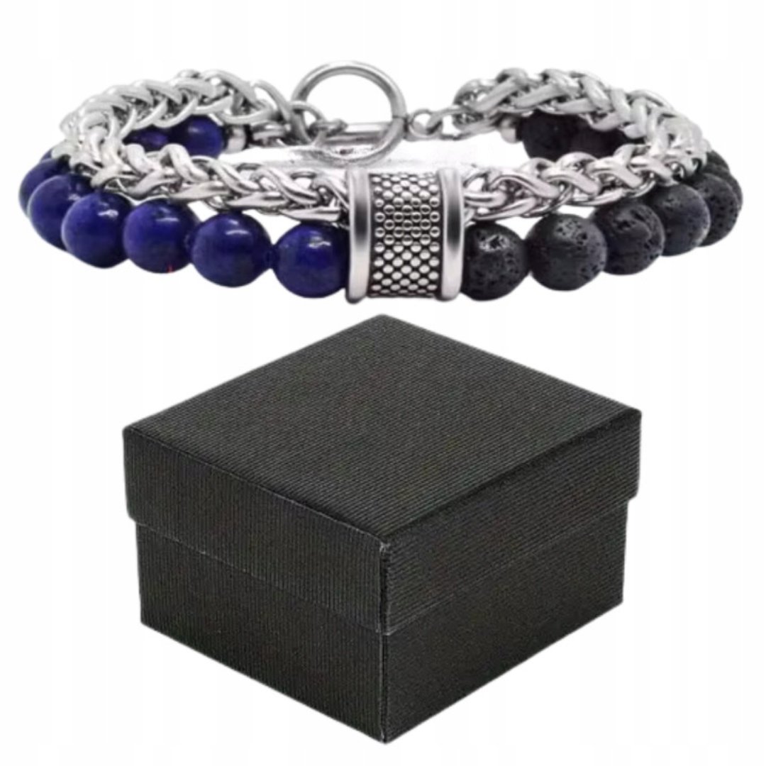 Nowoczesna Bransoletka Męska Granatowo-Czarna 21cm + Pudełko Upominkowe