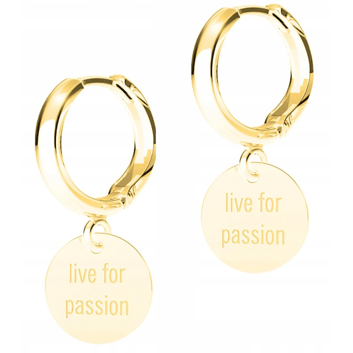 Złote Kolczyki Okrągłe Koła Napis Live Passion Blaszka Pasja SREBRO 925