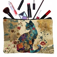 Kosmetyczki, organizery i kuferki - Kosmetyczka czarny kot kolorowa boho na zamek płócienna prezent dla kociary - miniaturka - grafika 1