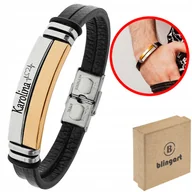 Bransolety męskie - Bransoletka MĘSKA Z GRAWEREM SKÓRZANA BLASZKI SREBRNO ZŁOTA STAL 316L - miniaturka - grafika 1