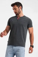Koszulki męskie - Ombre Męski t-shirt z rozpinanym okrągłym dekoltem henley czarny V4 OM-TSCT-0155 M - miniaturka - grafika 1