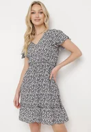 Sukienki - Granatowa Sukienka Bawełniana z Gumką w Pasie i Drobnym Wzorem w Kwiaty Napenia - miniaturka - grafika 1