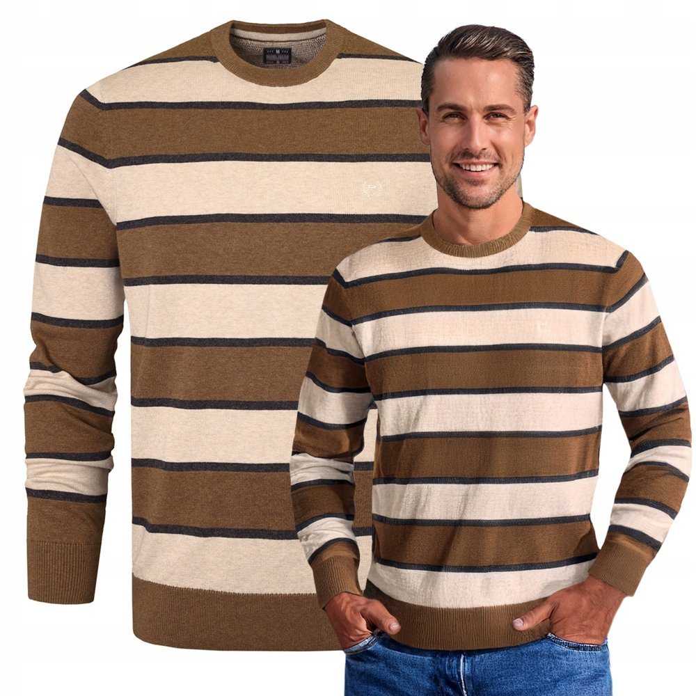 Elegancki SWETER Męski BRĄZOWO-BEŻOWY w PASKI Bawełniany 3XL Pako Jeans