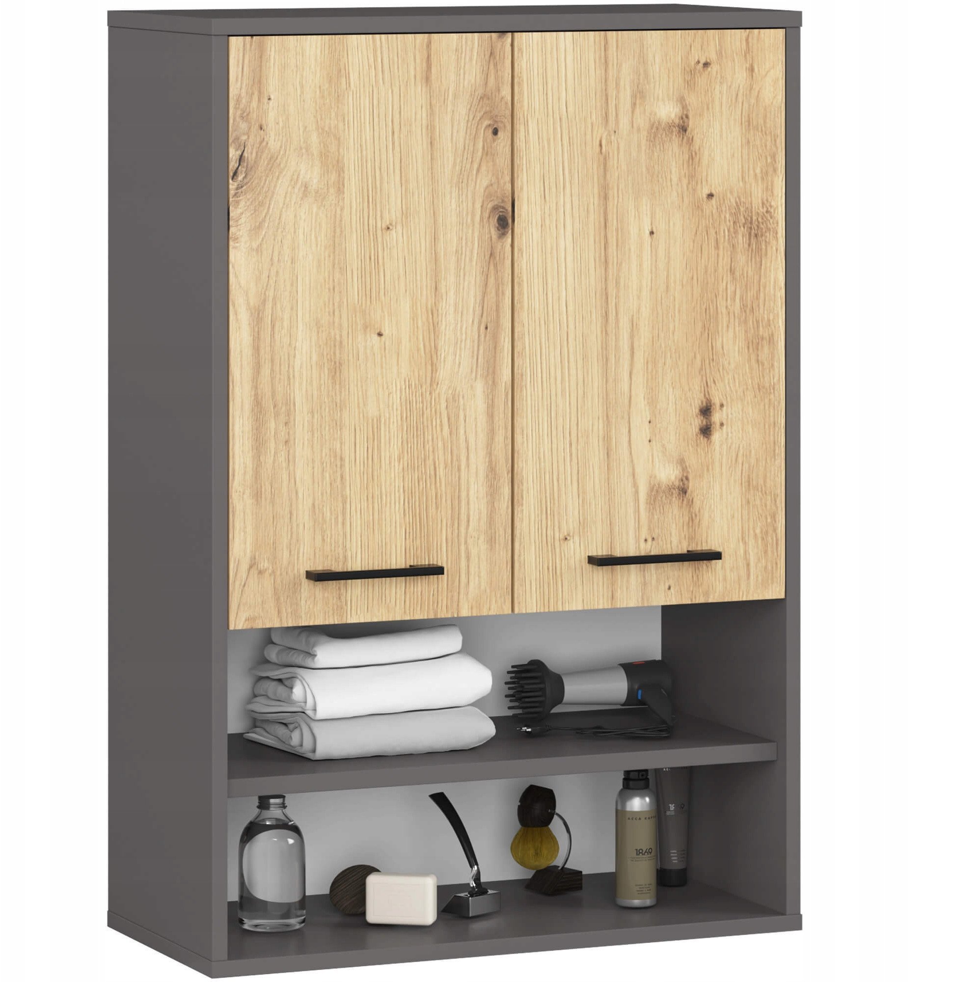 Szafka wisząca łazienkowa FIN 64 cm 2 drzwi 4 półki otwarta - grafit szary artisan