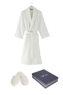 Unisex szlafrok MICRO COTTON w ozdobnym opakowaniu + kapcie Biały L + kapcie (42/44) + w pudełku - Szlafroki męskie - miniaturka - grafika 1