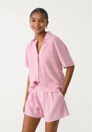 Koszule damskie - Stradivarius Koszula z mieszanku lnu z krótkim rękawem Pastelowy róż XL - miniaturka - grafika 1