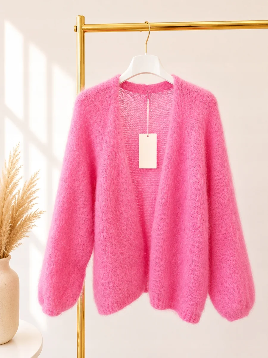 Puszysty kardigan premium z dodatkiem 81 % kid moheru - baby fuxia