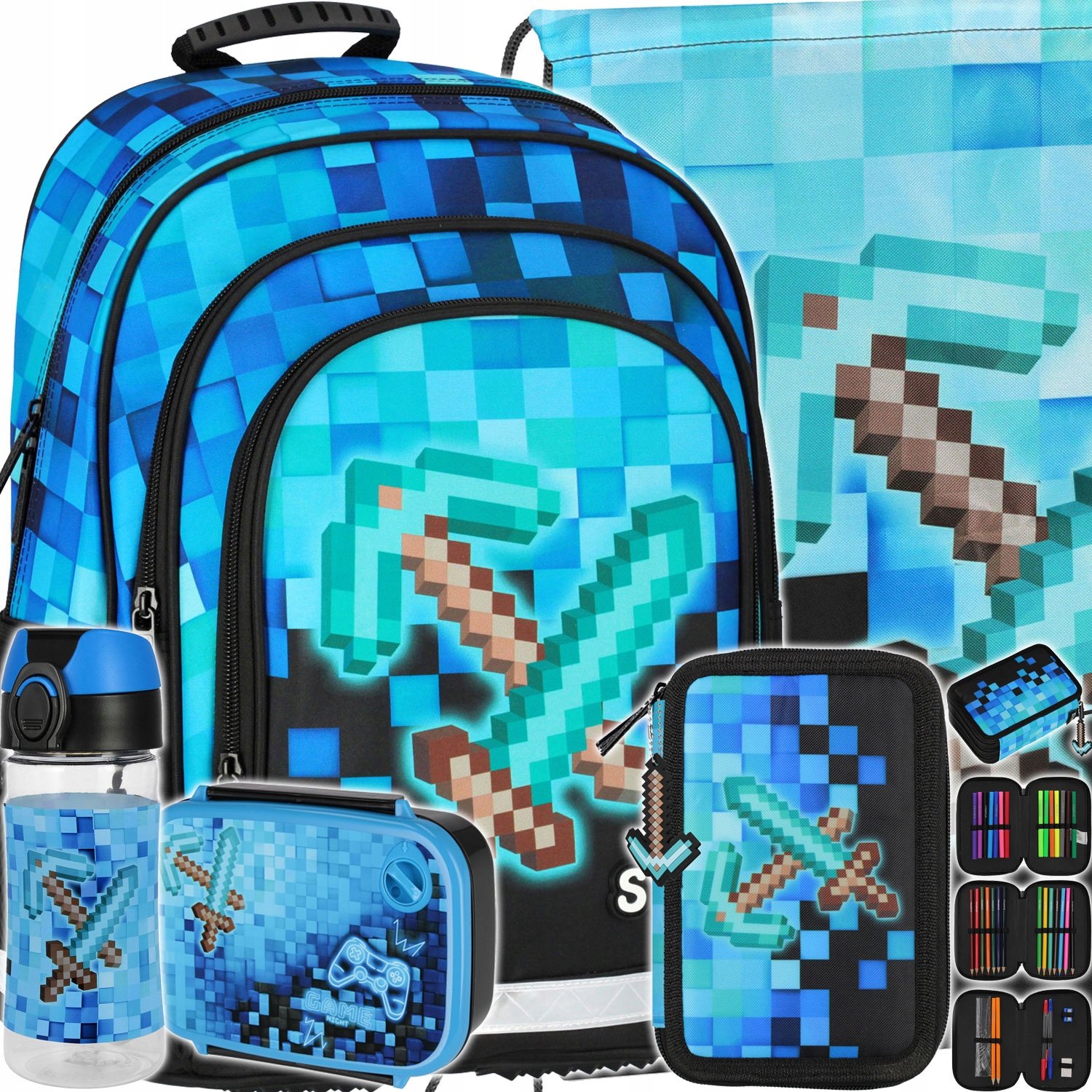Plecak Szkolny Tornister Dla Chłopca Piksele Pixel Blue Duży Zestaw 5 El
