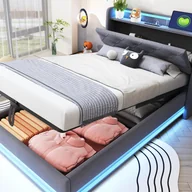 Łóżka dla dzieci i młodzieży - Łóżko dziecięce z pojemnikiem, tapicerowane, 90x200 cm - z LED - z portem USB - otwierany zagłówek - len - szare (bez materaca) - miniaturka - grafika 1