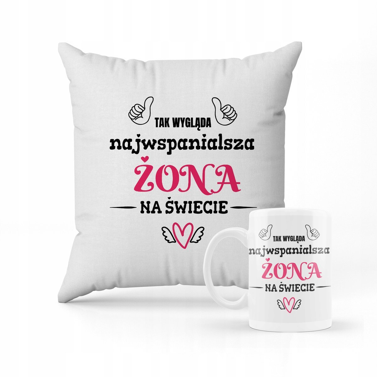 ZESTAW PODUSZKA + KUBEK Prezent Dla Żony Walentynki Wspaniała Żona + IMIĘ