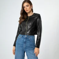 Kurtki damskie - Damska kurtka z perforacjami czarna - miniaturka - grafika 1