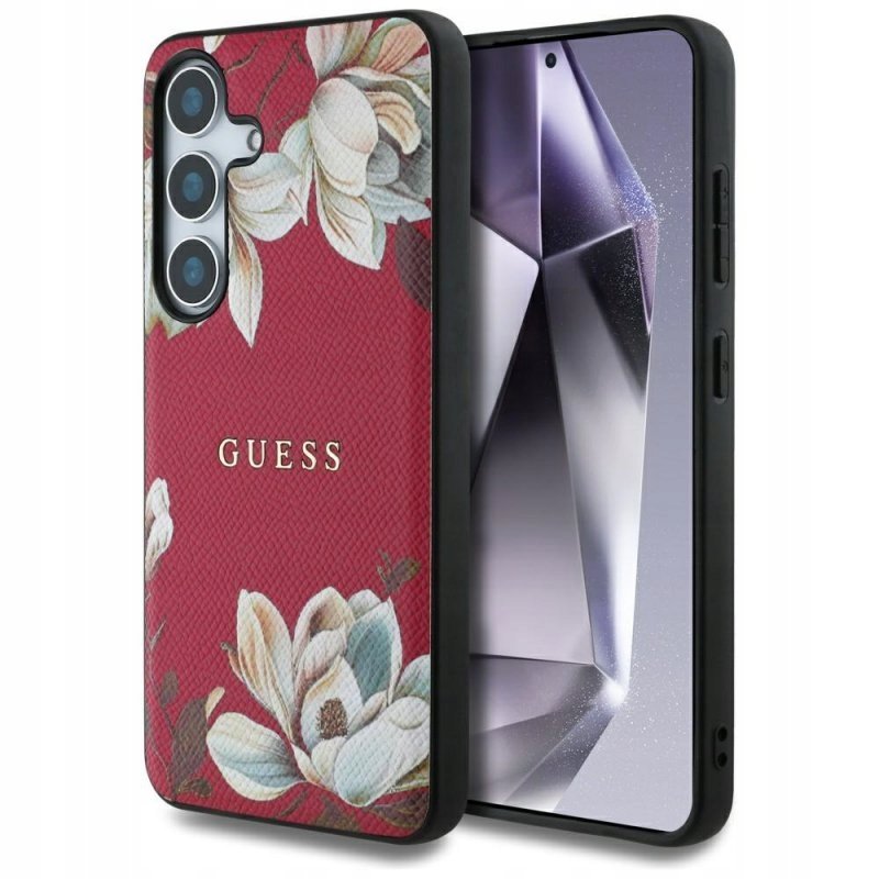 Guess Etui Grained Flower Pattern MagSafe do Galaxy S25, różowe