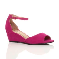 Sandały damskie - Niskie średnie klina pięty peep kostki pasek smart casual wieczorem Sandały damskie Ajvani Fuksja różowy zamszu UK 6 / EU 39 / US 8 - miniaturka - grafika 1