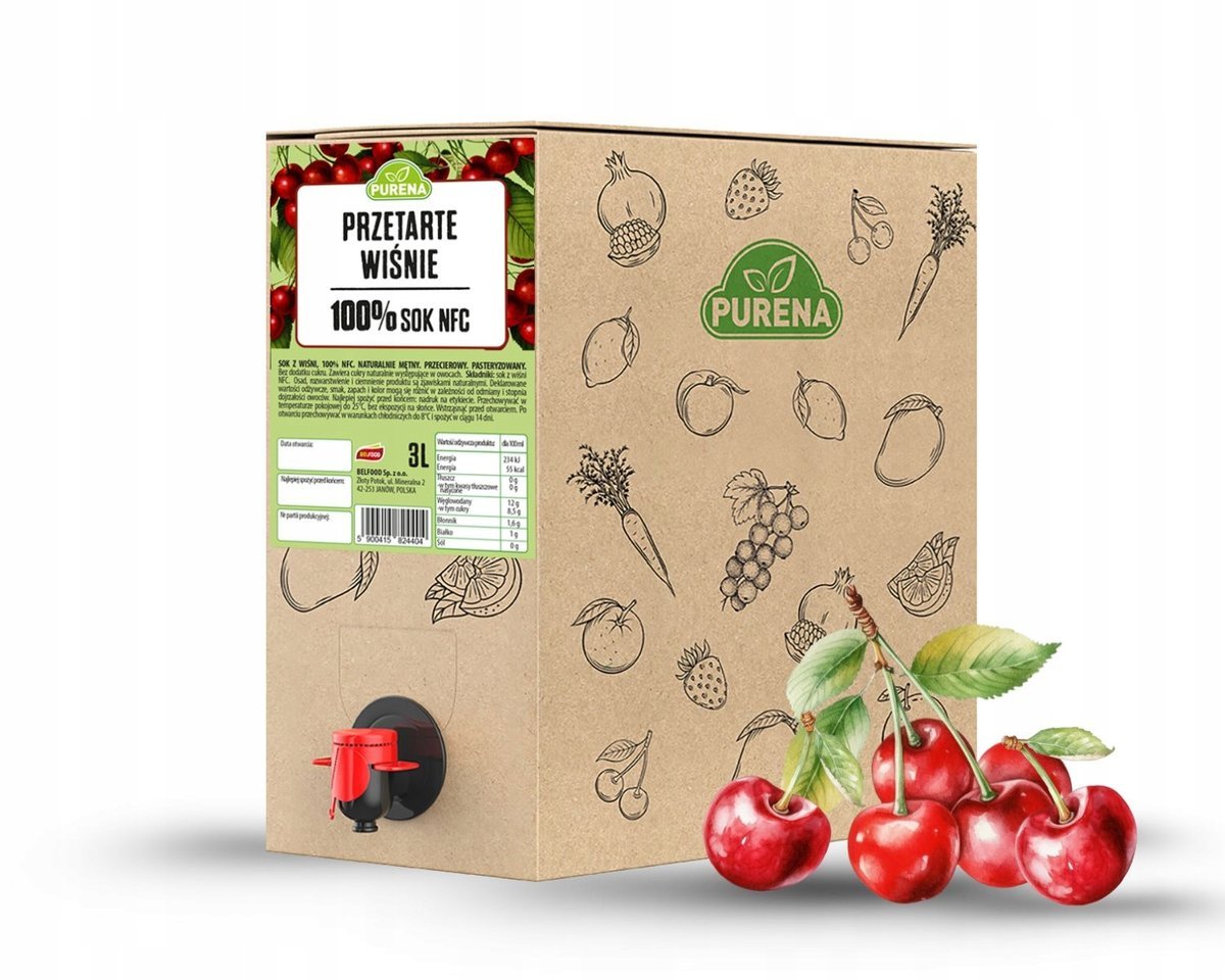 Przetarte wiśnie PUREE 100% bez dodatków do koktajli i smoothie PURENA 3 L