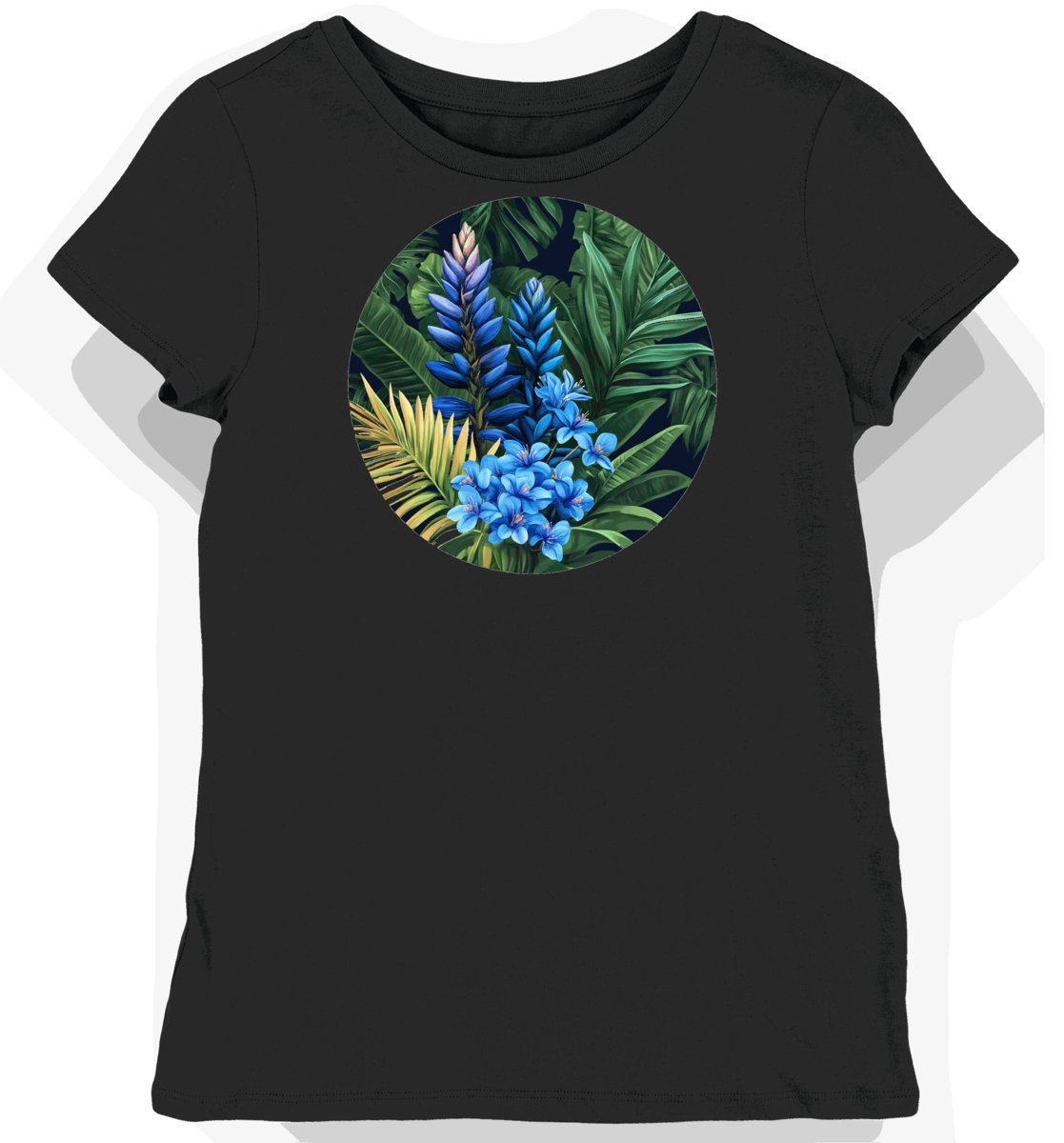 Koszulka damska czarna z motywem tropikalnych kwiatów XS