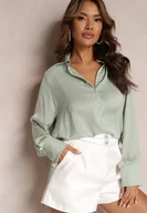 Koszule damskie - Miętowa Gładka Koszula z Mankietami i Kołnierzem Rossy - Renee - miniaturka - grafika 1