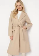 Płaszcze damskie - Jasnobeżowy Długi Płaszcz Taliowany z Wiązanym Paskiem Seraphette - miniaturka - grafika 1