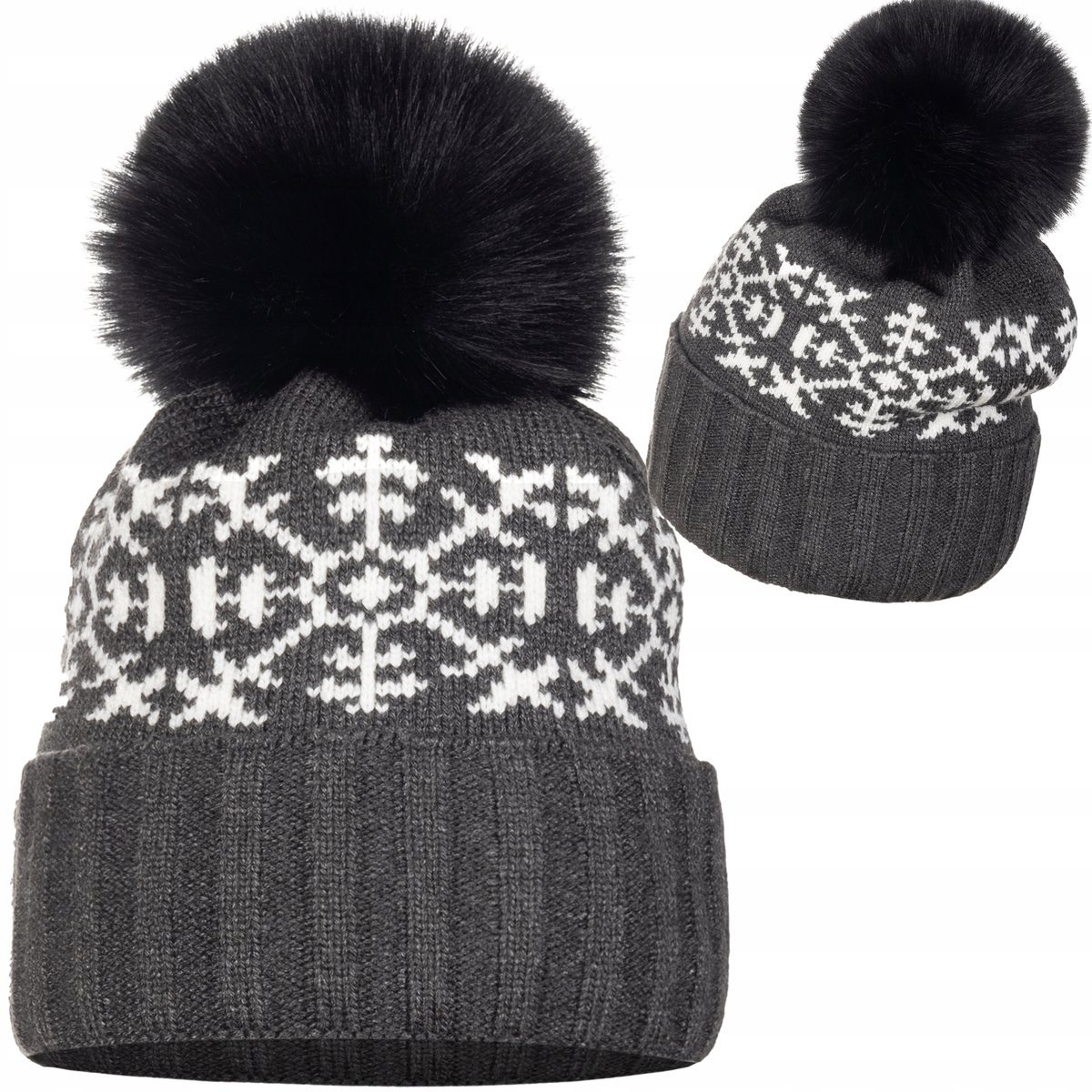 Szara Grafitowa Damska Czapka Zimowa Z Pomponem Beżowe Śnieżynki Wywijana