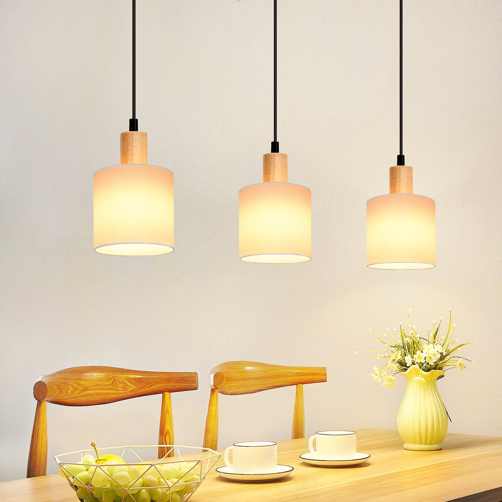 ZMH lampa wisząca drewniana biała lampa stołowa 3 płomienna lampa wisząca w stylu vintage E14 z kloszem z tkaniny do salonu restauracja sypialnia kuchnia