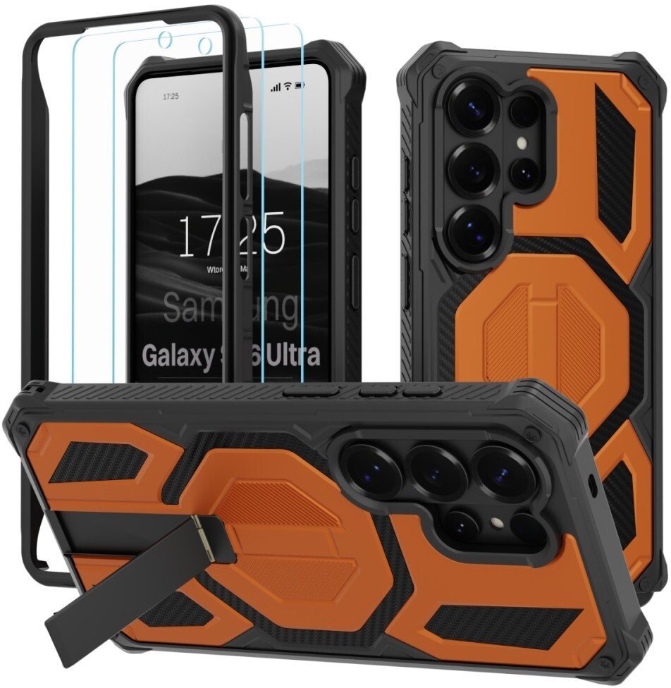 SUPERO Etui pancerne z podstawką Supero Rugged 360 MagSafe do Samsung Galaxy S26 Ultra, pomarańczowe + 2 szkła