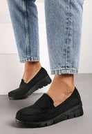 Półbuty damskie - Czarne Półbuty w Stylu Mokasynów na Koturnie ze Skórzaną Wkładką z Ozdobnym Paskiem Rieva - miniaturka - grafika 1