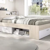 Meble do sypialni - Łóżko z zagłówkiem, schowkami i szufladą - 120 x 190 cm - Naturalny i biały - LEANDRE - miniaturka - grafika 1