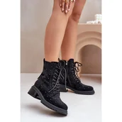 Botki damskie - S.Barski Zdobione Botki Workery Damskie Ocieplane D&A MR880-017 Czarne - miniaturka - grafika 1