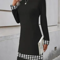 Sukienki - TEMU Kobieca Elegancka Sukienka w Kratę - Kolorowe Bloki, Okrągły Dekolt, Obcisła Fason, Pranie Maszynowe, Uniwersalna Czarno-Biała Midi, Casualowa - miniaturka - grafika 1