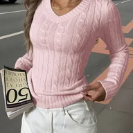 Swetry damskie - TEMU Damski Sweter V-Neck z Warkoczem, Dopasowany, Idealny na Jesień i Zimę – Miękki, Ciepły z Długim Rękawem, Elegancki i Casualowy Sweter - miniaturka - grafika 1