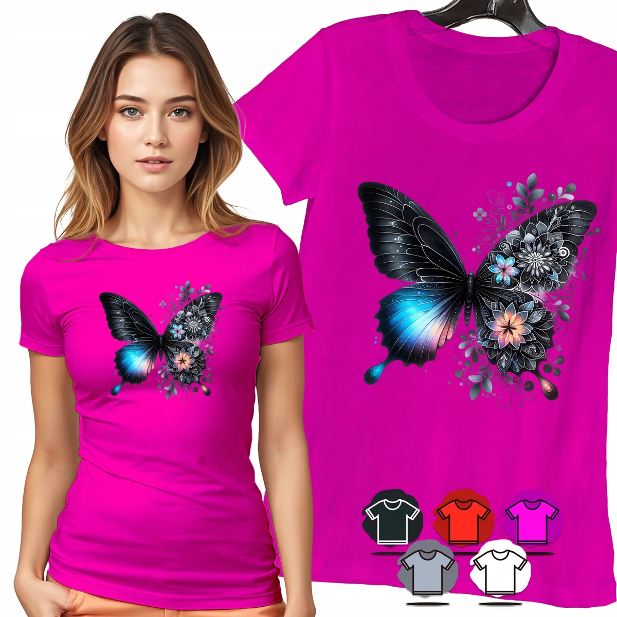 KOSZULKA DAMSKA T-SHIRT - MOTYL CZARNO NIEBIESKI KWIATY DAMSKI WZÓR - XXL