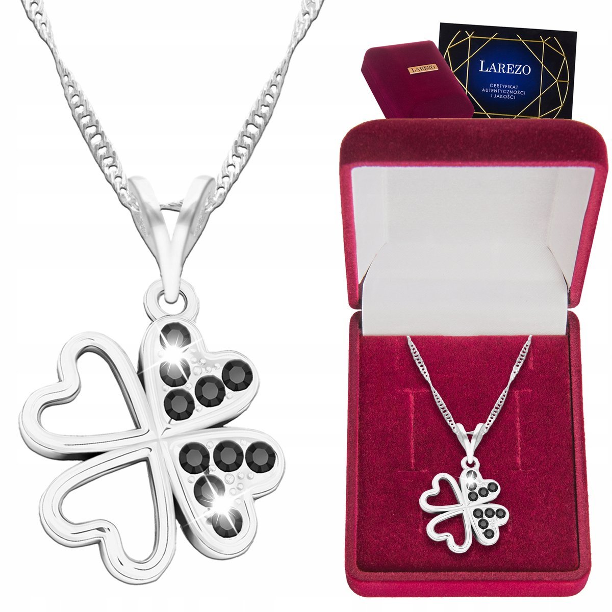 Naszyjnik Srebrny 925 z Koniczyną na Szczęście Kwiat z Czarnymi Cyrkoniami