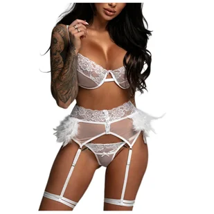 Komplet Pas Do Pończoch Stringi Biustonosz Biały - L - Komplety bielizny - miniaturka - grafika 1