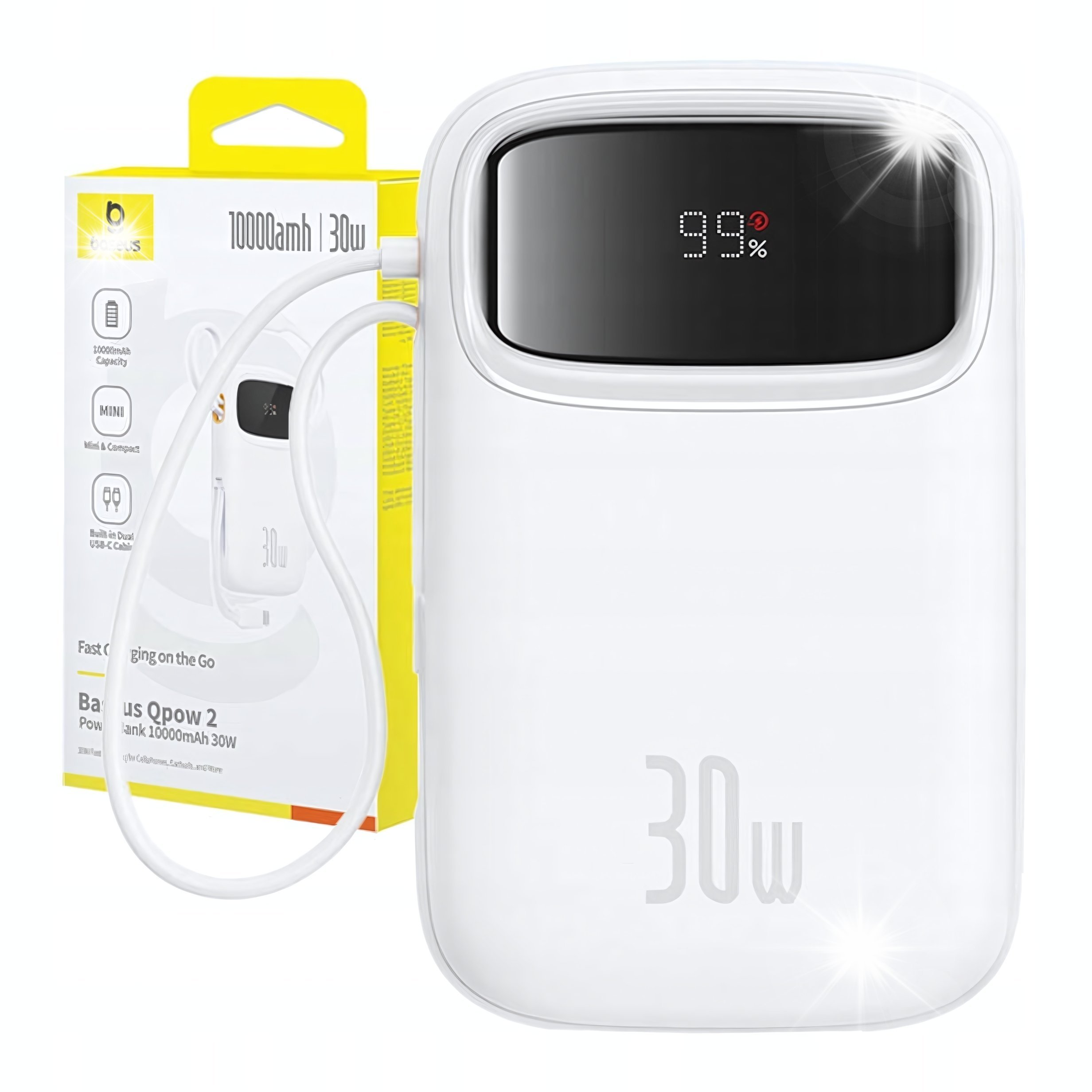 Powerbank Baseus Powerbank Baseus QPow 2 30W 10000mAh z wbudowanymi kablami USB-C biały