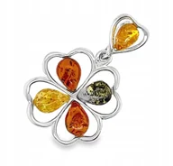 Wisiorki - Wisiorek srebrny z bursztynem ORYGINALNA ZAWIESZKA ze srebra koniczynka - miniaturka - grafika 1